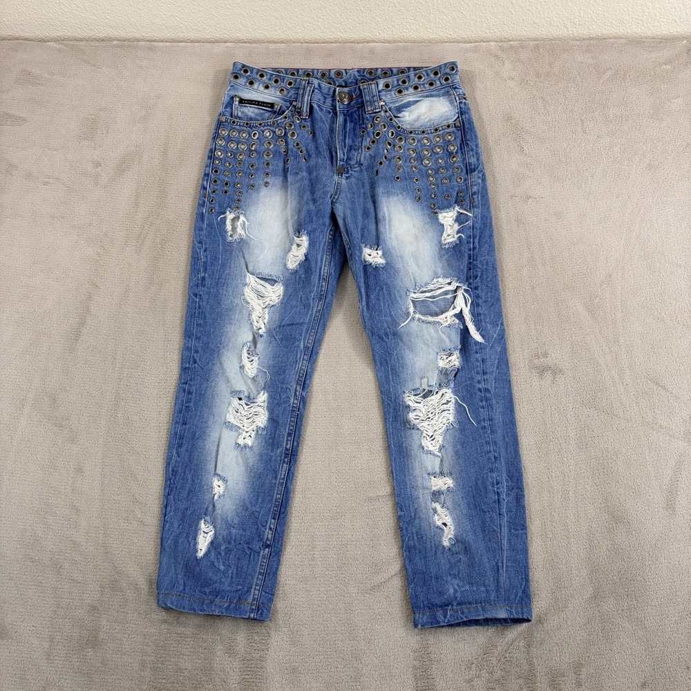 PHILIPP PLEIN Straight Cut Jeans in Sunset Blue Distressed Eyelets Women 31